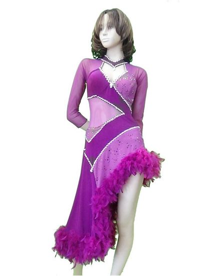 Purple Latin Dress with Mesh and Feathers