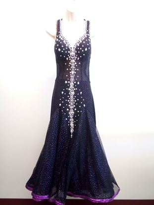 Elegant black Ballroom gown with purple glitter and accents.