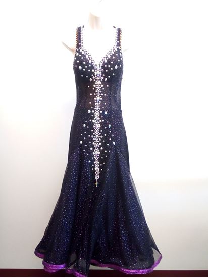 Elegant black Ballroom gown with purple glitter and accents.