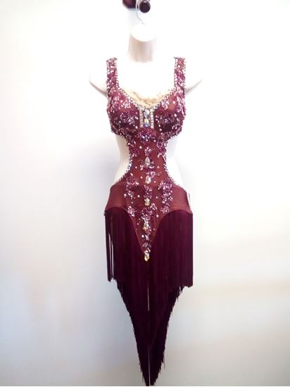 Maroon Latin Dress with Fringes for rent or sale in Houston