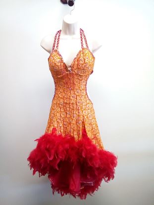 Orange Latin Dress with Red Feathers for rent or sale in Houston