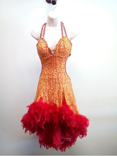 Orange Latin Dress with Red Feathers for rent or sale in Houston