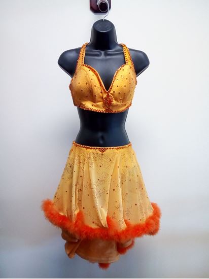 Orange two-piece Latin Dress with Feathers for rent or sale in Houston