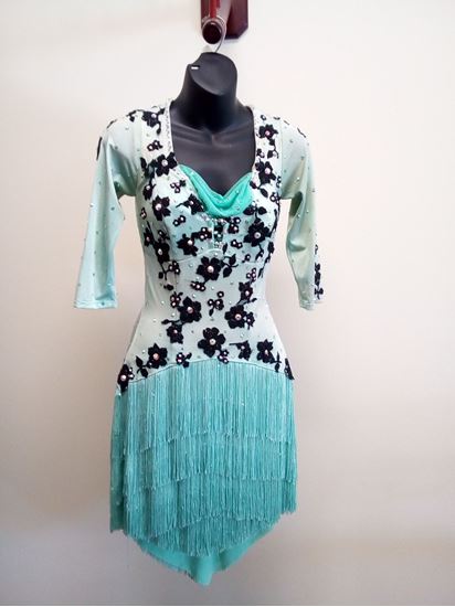 Turquoise Latin Dress with Black Flowers and Fringe Skirt for rent or sale in Houston